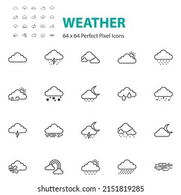 set of weather line icons, cloud, rain, season, temperature