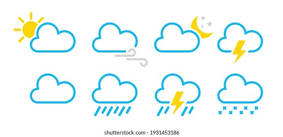 Set of weather line icons. Flat vector weather signs sunny, raining, snowing, cloudy, storm on white background. Isolated vector illustration.