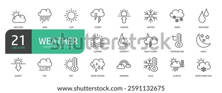 Set Of Weather Line Icons. The set includes a Sun, Moon, Cloud, Winter, Summer, Rain, Snowflake, Sunrise, Sunset, Sunny, Temperature, and more.
