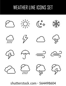 Set of weather in modern thin line style. High quality black outline cloud symbols for web site design and mobile apps. Simple weather pictograms on a white background.