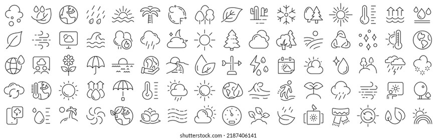 Set of weather and nature line icons. Collection of black linear icons