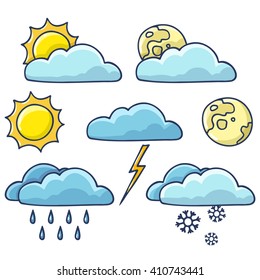 Set of weather objects: sun, moon, clouds, rain, snow. Set of simple color images.