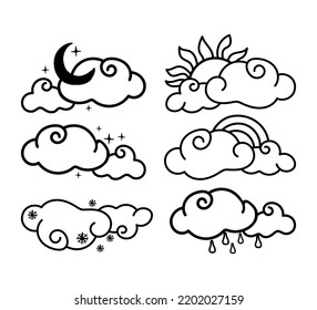 A set of weather phenomena. Clouds with rainbow, snow, rain, sun, month, drawn elements in doodle style. Nature phenomenon. Clear, overcast, day, night. Weather. Little curly clouds. Cute vector.
