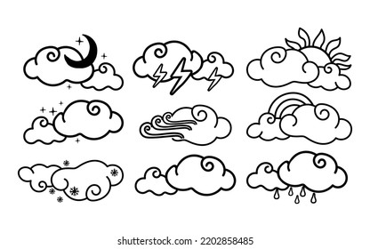 Eine Reihe von Wetterphänomenen. Wolken mit Regenbogen, Schnee, Gewitter, Wind, Regen, Sonne, Monat, gezeichnete Elemente im Doodle-Stil. Naturphänomen. Klar, bewölkt, Tag, Nacht. Wetter. kleine Wolke