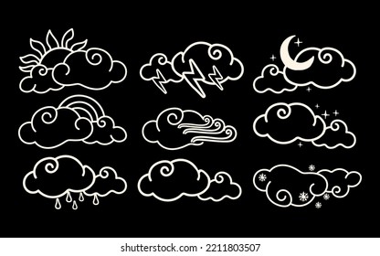 Set of weather phenomena on a black background. Clouds with rainbow, snow, thunderstorm, wind, rain, sun, month, drawn elements in doodle style. Nature phenomenon. Clear, overcast, day, night. Weather