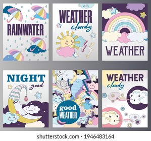 Set of weather posters cartoon vector illustration. Different weather themes cards. Cloudy, sunny, rainy conditions with fairy sky characters in flat colorful design. Mood, weather, nature concept