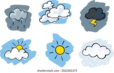 Set of weather related icons of various types of clouds and precipitation, sunny day and storms, snow and rain. Illustrative style. 