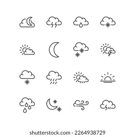 Set of weather related icons, wind, blizzard, sun, rain, clouds and linear variety vectors.