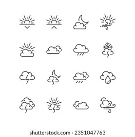 Set of weather related icons, wind, blizzard, sun, rain and linear variety vectors.