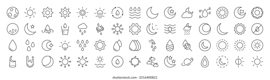Conjunto de Ícones de Linha Relacionados ao Clima. Traço editável para design, sites, aplicativos e cartões. Contém imagens lineares do sol, da lua, do chuveiro