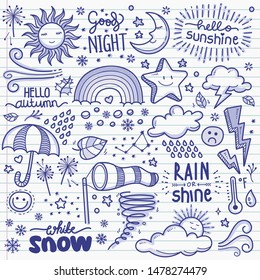 Set of weather related objects and elements. Hand drawn vector doodle illustration collection in blue ballpoint sketch style.