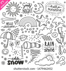 Set of weather related objects and elements. Hand drawn doodle illustration collection isolated on white background. Editable stroke/outline.