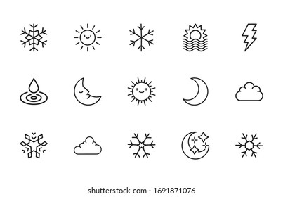Set of weather related vector line icons. Premium linear symbols pack. Vector illustration isolated on a white background. Web symbols for web sites and mobile app. Trendy design. 