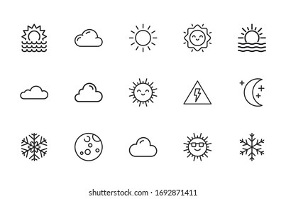 Set of weather related vector line icons. Premium linear symbols pack. Vector illustration isolated on a white background. Web symbols for web sites and mobile app. Trendy design. 