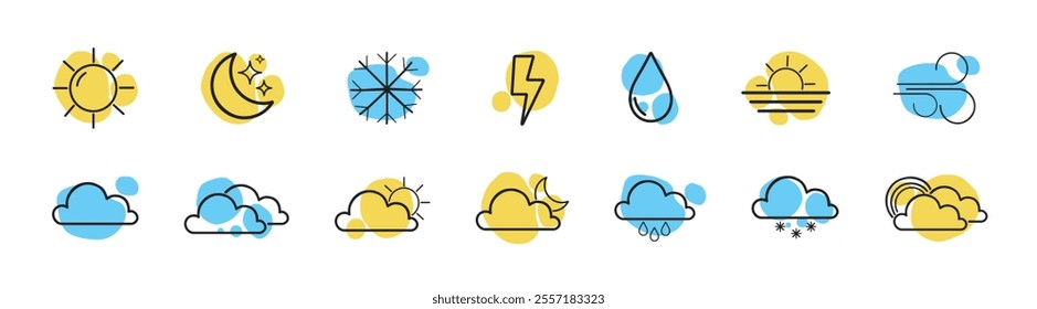 Set of Weather Related Vector Line Icons. Weather temperature line icon set. Meteorological symbols. Sunny, cloudy, rainy, thunderstorm, windy, snow etc.