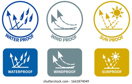 Set of weather resistance icons. Water wind and sun proof signs in circle and rounded square, can be used on textiles