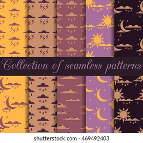 Set weather seamless patterns with raindrops, clouds with the sun and moon with the stars for wallpaper and design solutions. Collection of vector backgrounds.