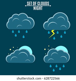 Set. Weather. A simple vector illustration in a flat style. Night sky. Thunderstorm with rain and three-dimensional clouds. Blue moon and stars. EPS 8