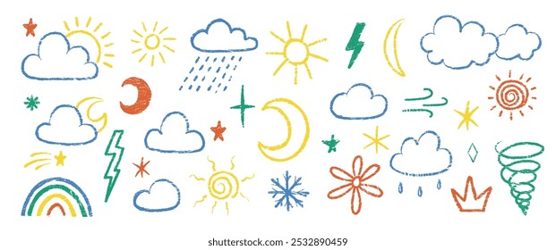 Conjunto de símbolos meteorológicos com textura de giz de cera, giz e pastel. Ilustração vetorial colorida de chuva, tempestade, sol, estrela, relâmpago.