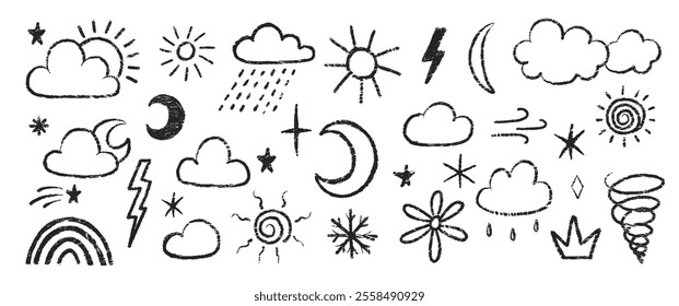 Set of weather symbols with crayon, chalk and pastel texture. Doodle vector illustration of rain, storm, sun, star, lightning.