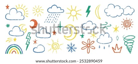 Set of weather symbols with crayon, chalk and pastel texture. Colorful vector illustration of rain, storm, sun, star, lightning.