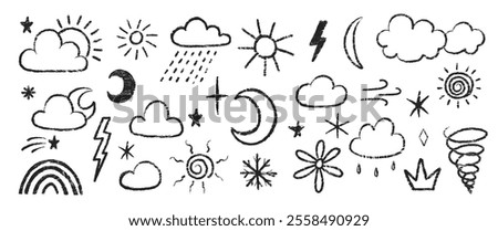 Set of weather symbols with crayon, chalk and pastel texture. Doodle vector illustration of rain, storm, sun, star, lightning.