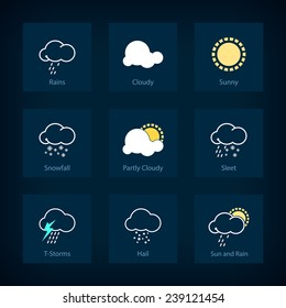 Set of weather symbols, icon rains and cloudy,  sunny and  snowfall and  partly cloudy ,  sleet and   thunderstorm and  hail ,  sun and rain , vector illustration