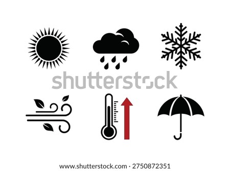 Set of weather symbols including sun, rain, snowflake, wind, thermometer, and umbrella. Icons for weather forecasting and climate.
