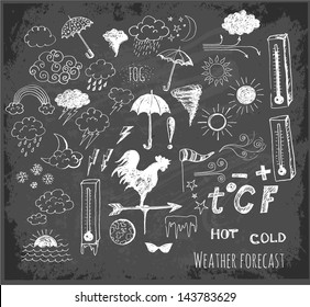 Set of weather symbols sketch on blackboard. Vector illustration of weather icons..