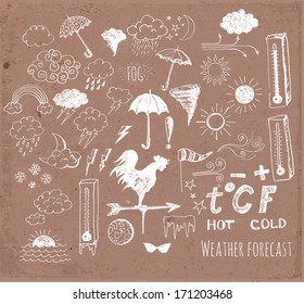 Set of weather symbols sketch on brown paper. Vector illustration of weather icons..