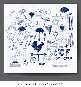 Set of weather symbols sketch. Vector illustration of weather icons..