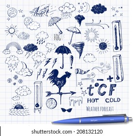 Set of weather symbols sketch. Vector illustration of weather icons.