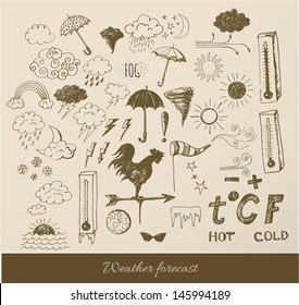 Set of weather symbols sketch in vintage style. Vector illustration of weather icons.