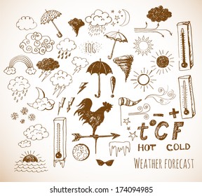 Set of weather symbols sketches. Vector illustration of weather icons..