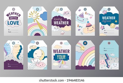 Set of weather tags cartoon vector illustration. Different weather themes tags. Cloudy, sunny, rainy conditions with fairy sky characters in flat colorful design. Mood, weather, nature concept