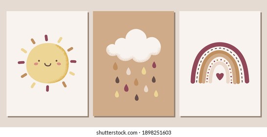 Set of weather themed vector illustrations in earthy colors. Cute sun, cloud, raindrops, and rainbow. For nursery decor, posters, banners, greeting cards, and more.