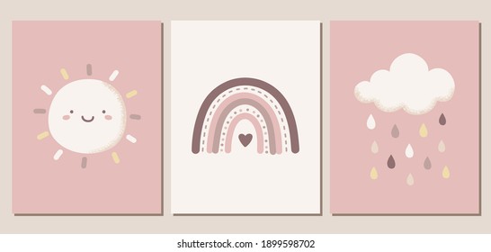 Set of weather themed vector illustrations in blush pink colors. Cute sun, cloud, raindrops, and rainbow. For nursery decor, posters, banners, greeting cards, and more.
