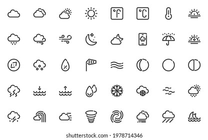 set of weather thin line icons, forecast, climate, season