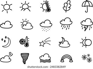 Set of weather of today doodle hand drawn vector illustrations	
