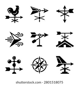 Set of weather vane and wind direction icons, including rooster weathercock, compass rose, and wind speed indicators