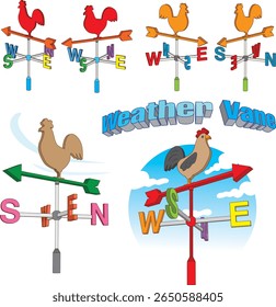 A set of weather vanes, each crowned with a colorful rooster and featuring directional arrows marked N, S, E, W-like whimsical guardians of the wind in a cheerful backyard parade.