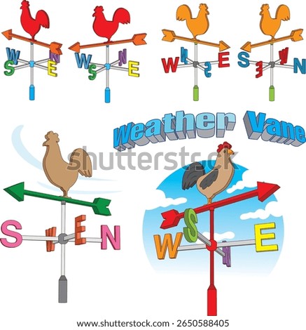 A set of weather vanes, each crowned with a colorful rooster and featuring directional arrows marked N, S, E, W-like whimsical guardians of the wind in a cheerful backyard parade.