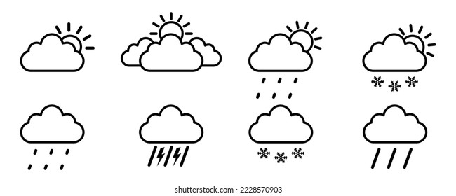 Set of weather vector icons. Forecast weather symbols. Black lines icons.