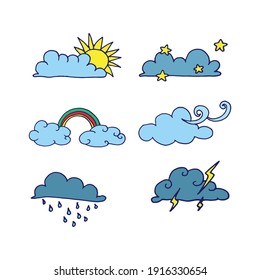 set of weather vector illustration. sunny, cloudy, rainbow, rainy, stars and yellow thunderbolt. weather icon. hand drawn vector. doodle for kids, logo, label, sticker, clipart, poster, card, banner.