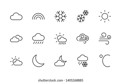 Set of Weather vector line Free icons. Contains symbols of the sun, clouds, snowflakes, wind, rainbow, moon and much more. Editable Stroke. 32x32 pixels.