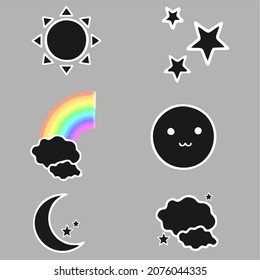 Set Wetter-Vektorsymbol. Enthält Symbole von Sonne, Stern, Wolken, Mond und Regenbogen.