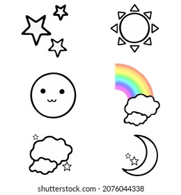 Set of weather vector line icon. Contains symbols of the sun, star, clouds, moon, and rainbow.