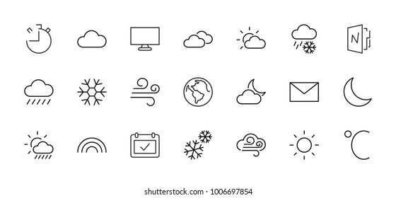 Set of weather vector line icons. Contains symbols of the sun, clouds, snowflakes, wind, rainbow, moon and much more. Editable move. 32x32 pixels.