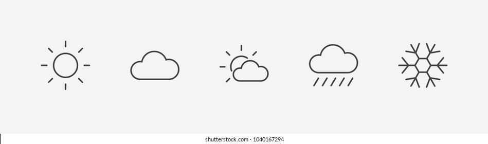 Set of weather vector line icons. Contains symbols of the sun, clouds, snowflakes, wind, rainbow, moon and much more. Editable move. 32x32 pixels.