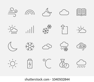 Set of weather vector line icons. Contains symbols of the sun, clouds, snowflakes, wind, rainbow, moon and much more. Editable move. 32x32 pixels.